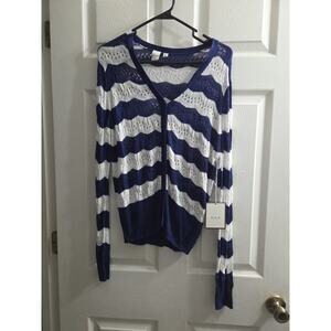 Villa Milano Women's Blue & White Stripe Pointelle Long Sleeve Cardigan NWT M